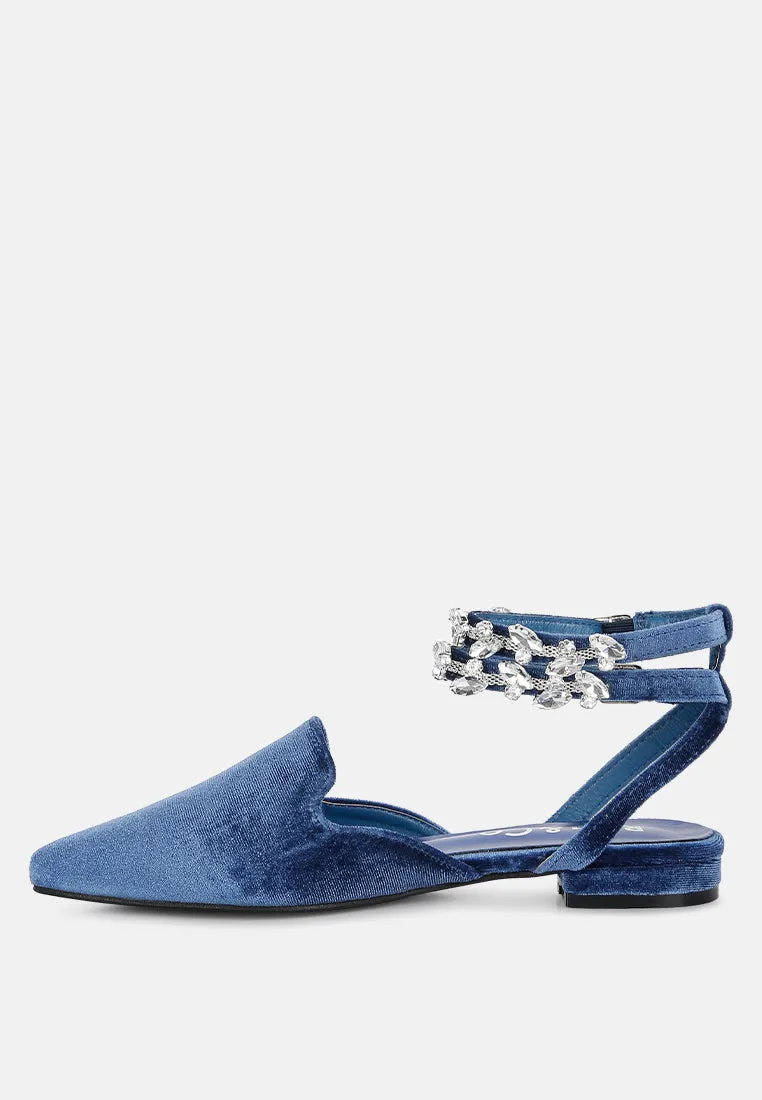 SALOME Blue Embellished Ankle Strap Velvet Mules