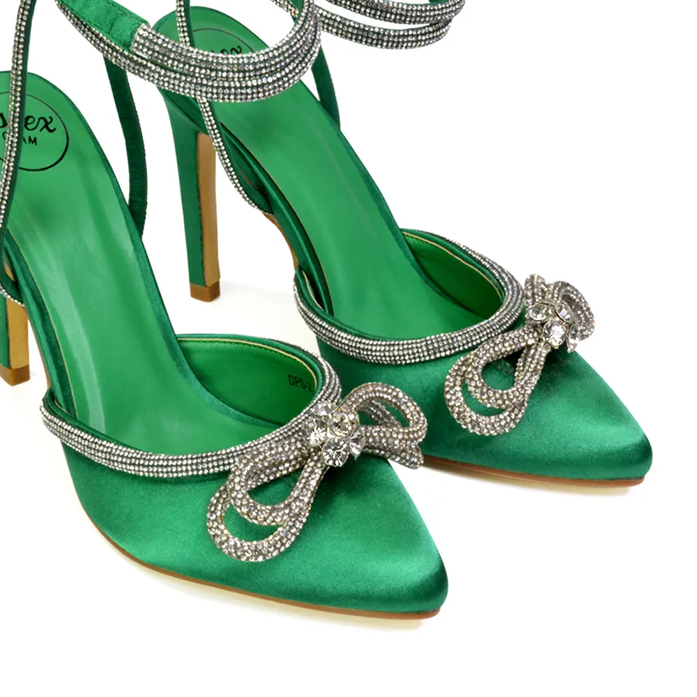 Saxon Strappy Stiletto High Heel Court Shoes With Diamante Bow in Green