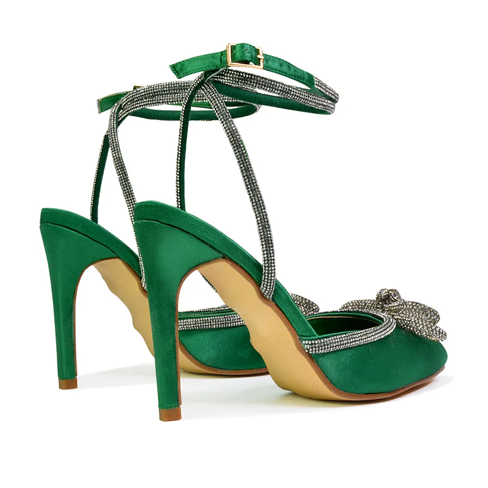 Saxon Strappy Stiletto High Heel Court Shoes With Diamante Bow in Green