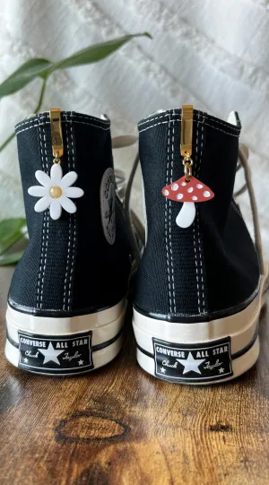 SET | Red Mushroom White Flower Daisy Shoe Accessories, Shoe Charms, High Top Sneaker Clips or Boot Clips, Acrylic Shoe Keychain