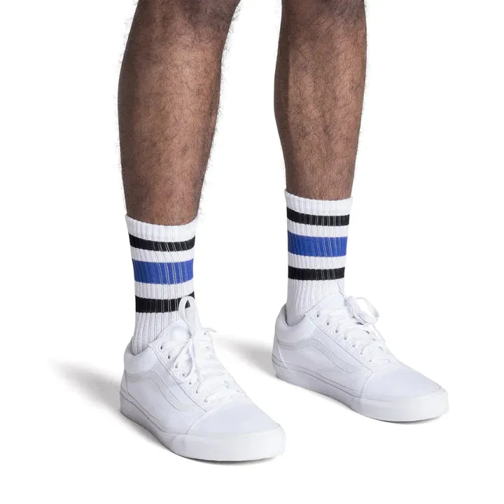 SOCCO Black Blue Striped Socks | White Knee High Socks