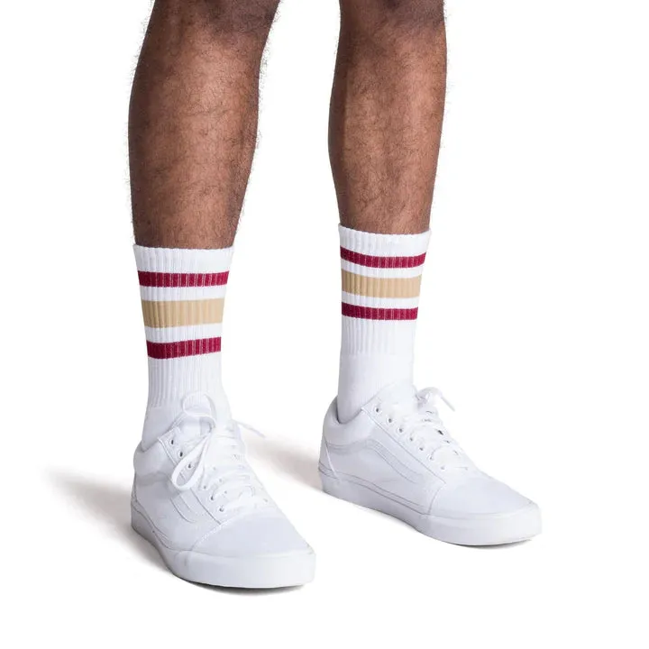 SOCCO Maroon & Vegas Gold Striped | White Mid Socks