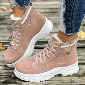 Sohiwoo Cozy Lace Up Pink Snow Boots Women Winter Thick Plush Warm High Top Sneakers Woman Thick Sole Non Slip Ankle Boots 45