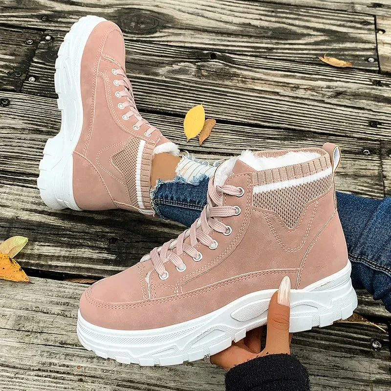 Sohiwoo Cozy Lace Up Pink Snow Boots Women Winter Thick Plush Warm High Top Sneakers Woman Thick Sole Non Slip Ankle Boots 45