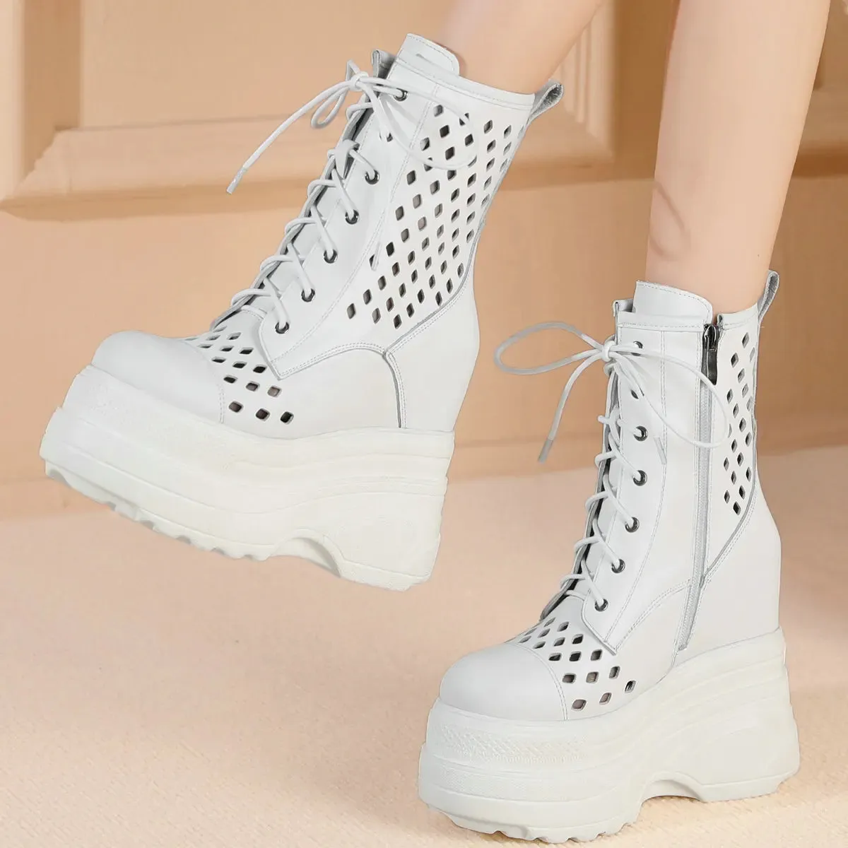 Sohiwoo Wedges Gladiators Sandals Women Lace Up Cow Leather Super High Heels Ankle Boots Female Round Toe Fashion Sneakers Casual Shoes