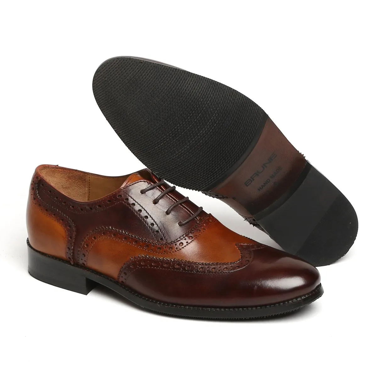 Tan-Brown Leather Shoe with Punching Brogue Oxford Lace-Up Closure