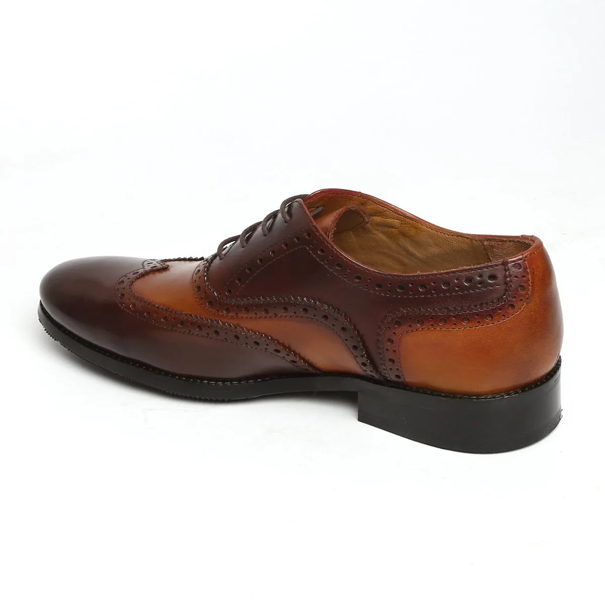 Tan-Brown Leather Shoe with Punching Brogue Oxford Lace-Up Closure