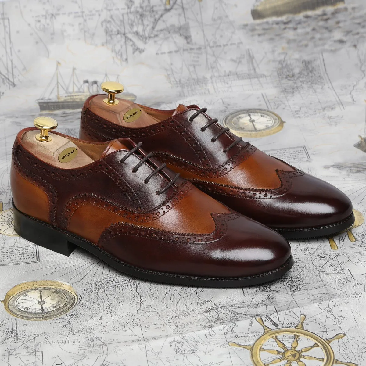 Tan-Brown Leather Shoe with Punching Brogue Oxford Lace-Up Closure