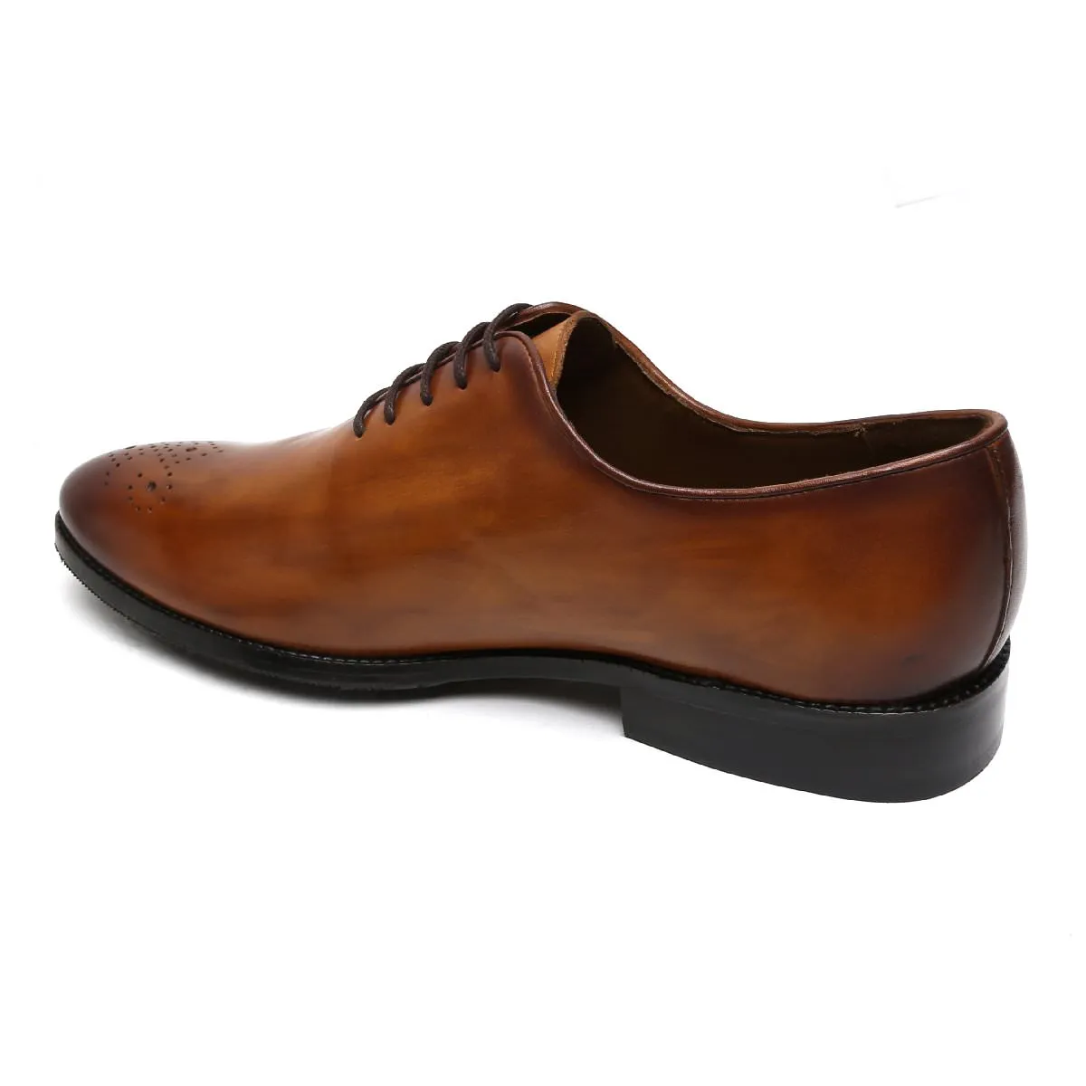 Tan Leather Oxford Lace-Up Shoes Whole Cut/One Piece Medallion Toe