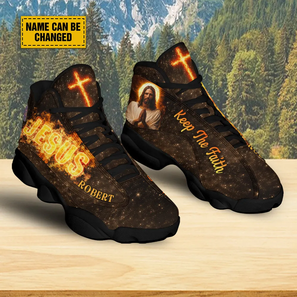 Teesdily | Customized Jesus Cross Fire Basketball Shoes, Keep The Faith Christian Running Shoes, Sport Shoes Religious Gift