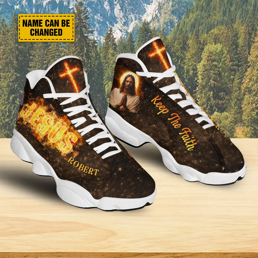 Teesdily | Customized Jesus Cross Fire Basketball Shoes, Keep The Faith Christian Running Shoes, Sport Shoes Religious Gift