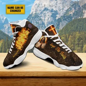 Teesdily | Customized Jesus Cross Fire Basketball Shoes, Keep The Faith Christian Running Shoes, Sport Shoes Religious Gift