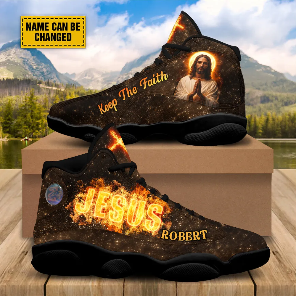 Teesdily | Customized Jesus Cross Fire Basketball Shoes, Keep The Faith Christian Running Shoes, Sport Shoes Religious Gift