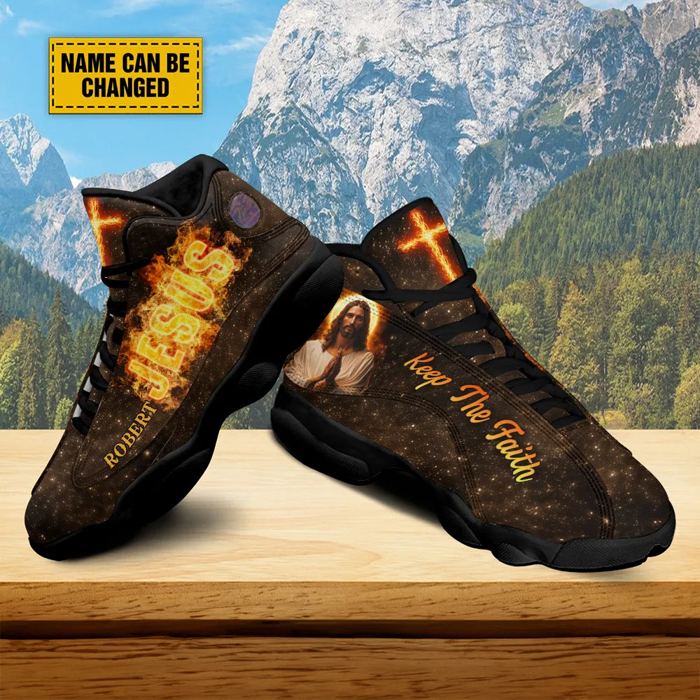 Teesdily | Customized Jesus Cross Fire Basketball Shoes, Keep The Faith Christian Running Shoes, Sport Shoes Religious Gift