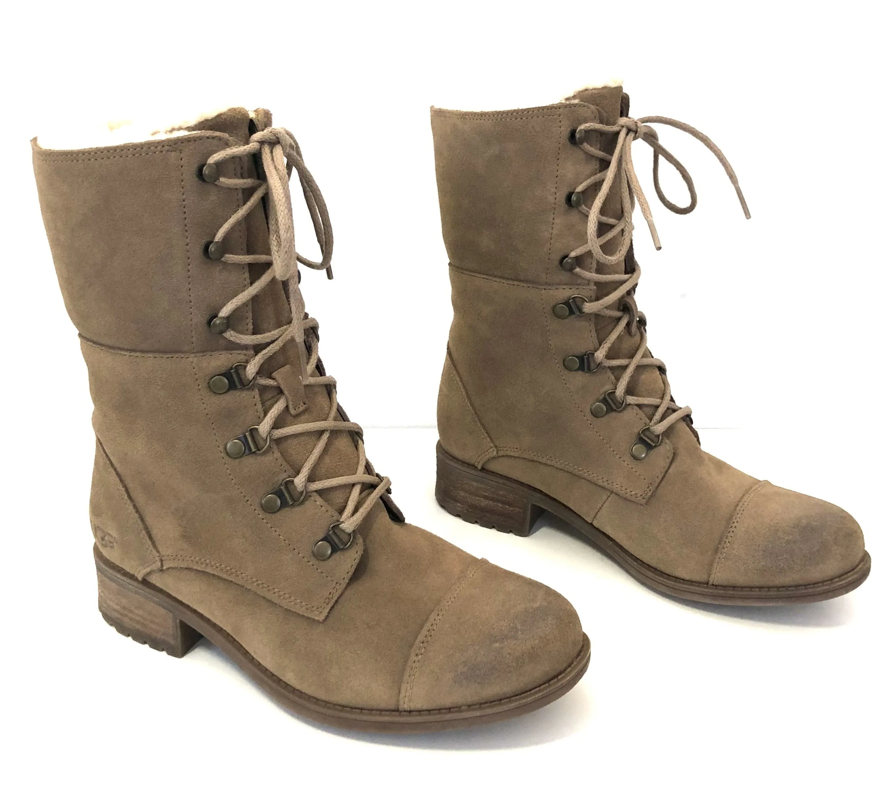 UGG | Chestnut Suede Lace Up Shearling Combat Boot | Size 9