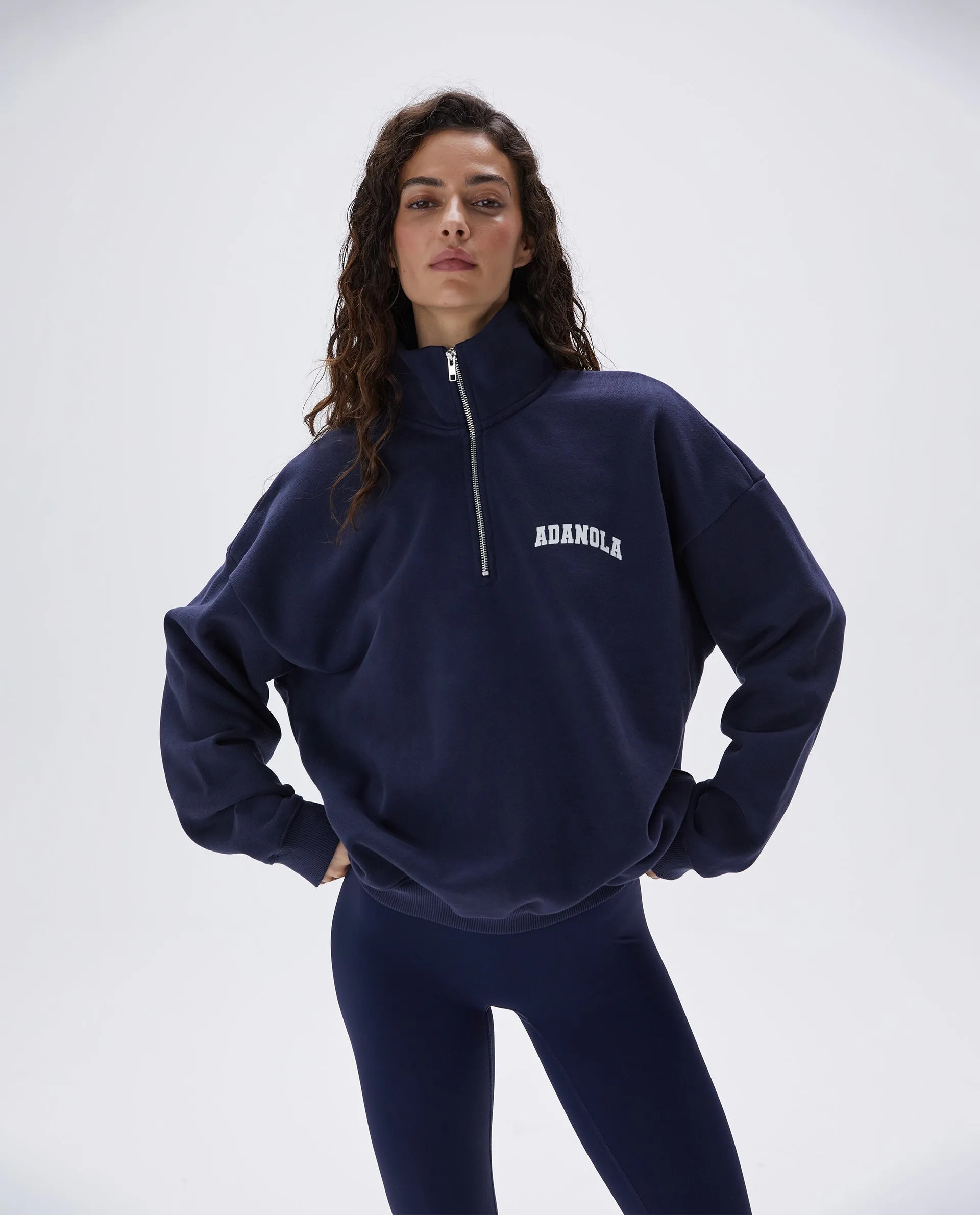 Varsity Oversized Funnel Neck Zip Sweatshirt - Navy Blue