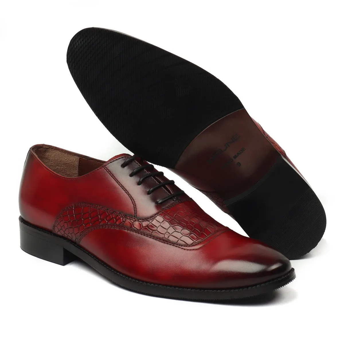 Wine Silhouette Deep Cut Croco Leather Vamp Oxford Shoes by Brune & Bareskin