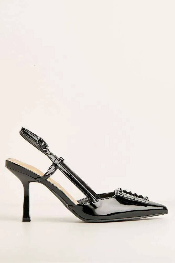 Wisteria Studded Brooch Detail Slingback Heel Court Shoes in Black