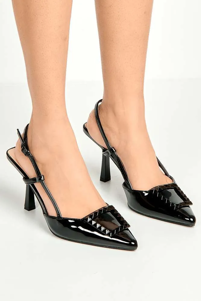 Wisteria Studded Brooch Detail Slingback Heel Court Shoes in Black