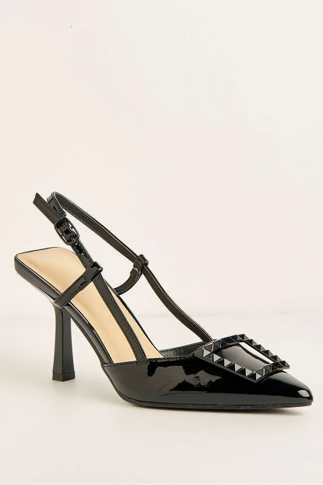 Wisteria Studded Brooch Detail Slingback Heel Court Shoes in Black