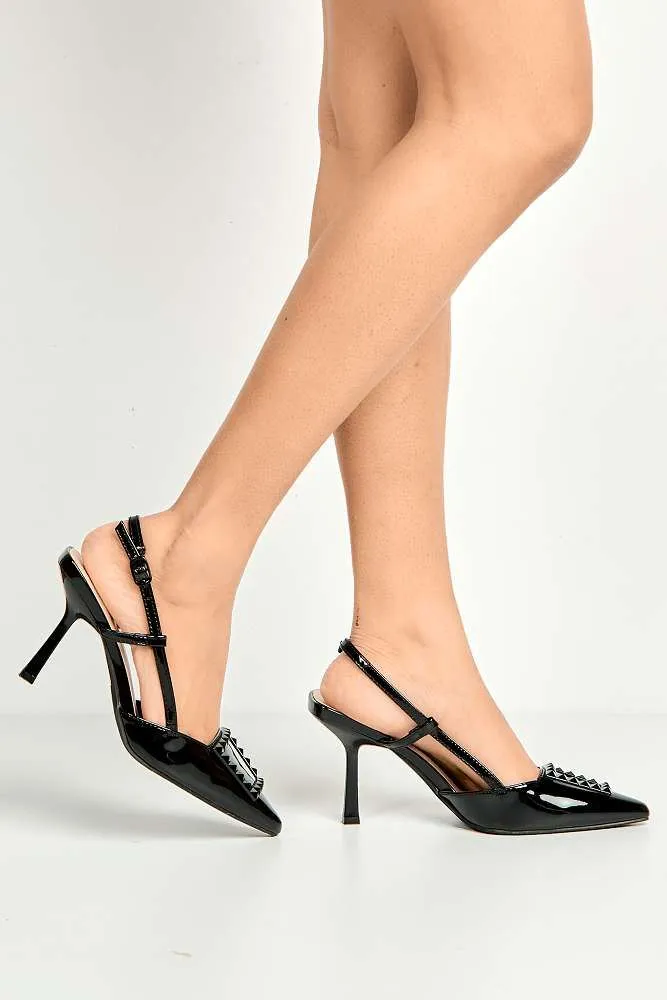 Wisteria Studded Brooch Detail Slingback Heel Court Shoes in Black