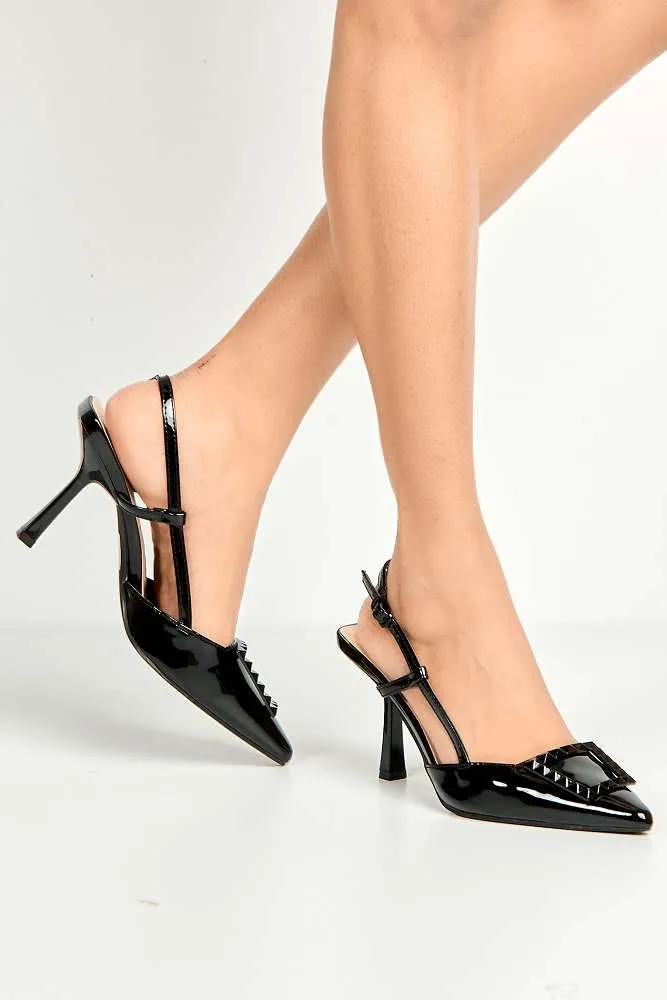 Wisteria Studded Brooch Detail Slingback Heel Court Shoes in Black