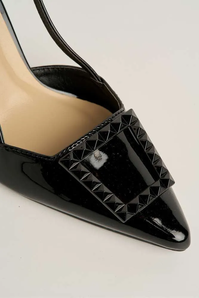 Wisteria Studded Brooch Detail Slingback Heel Court Shoes in Black