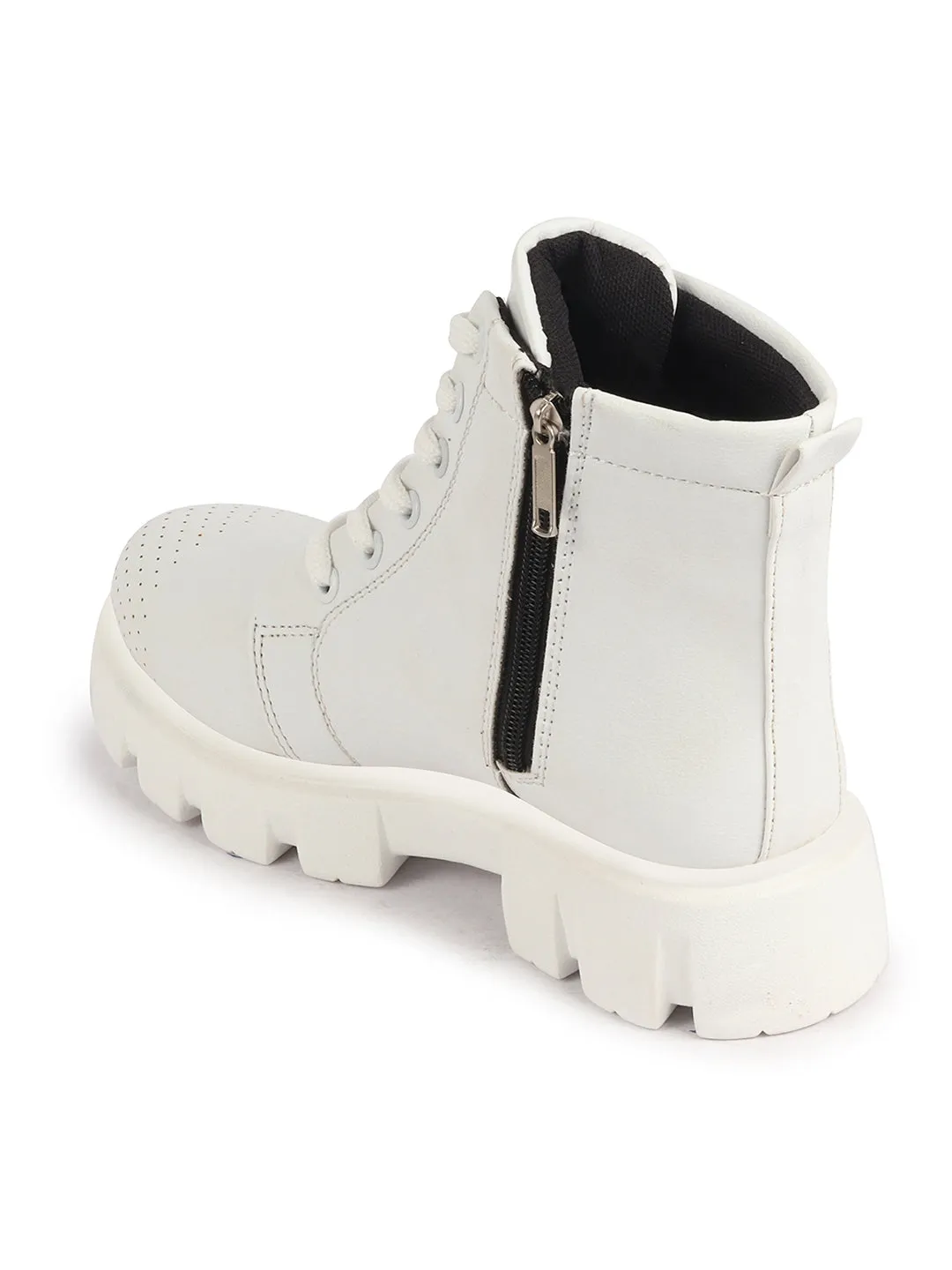 Women White Outdoor Winter High Top Chunky Lace Up Casual Boots