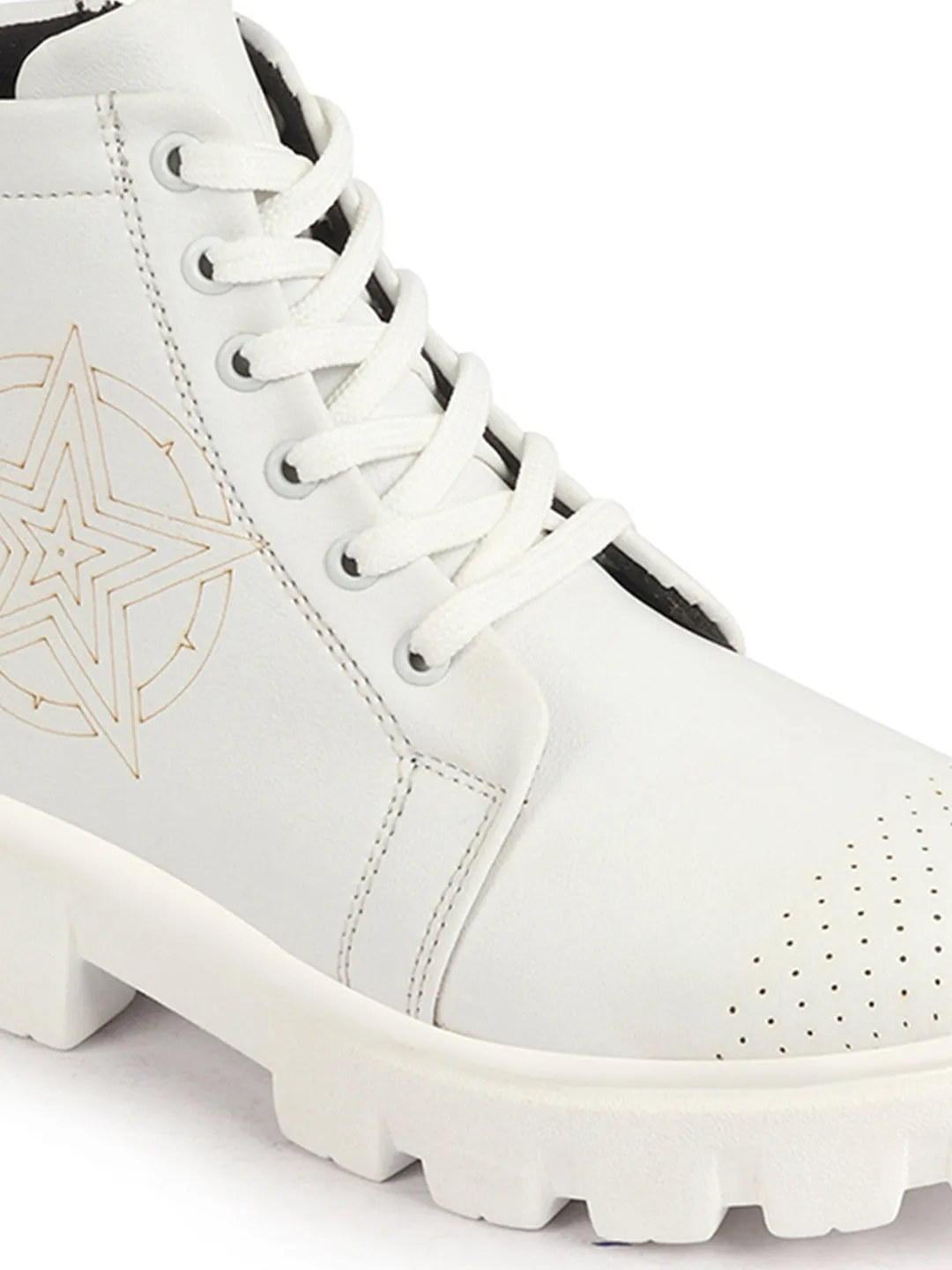 Women White Outdoor Winter High Top Chunky Lace Up Casual Boots