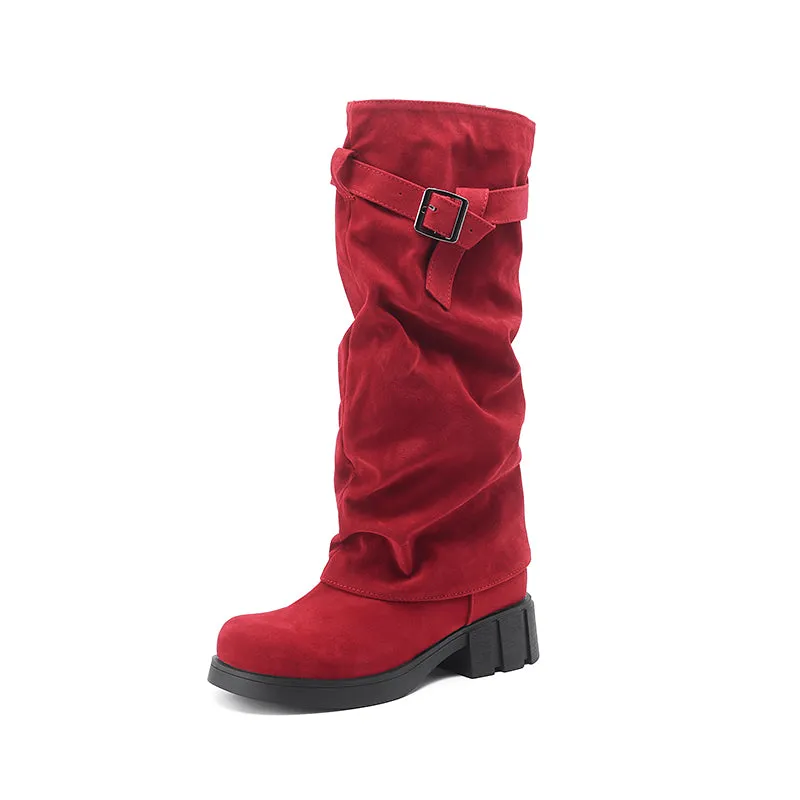 Women's Mid Calf Slouchy Boots With Suede Stacked