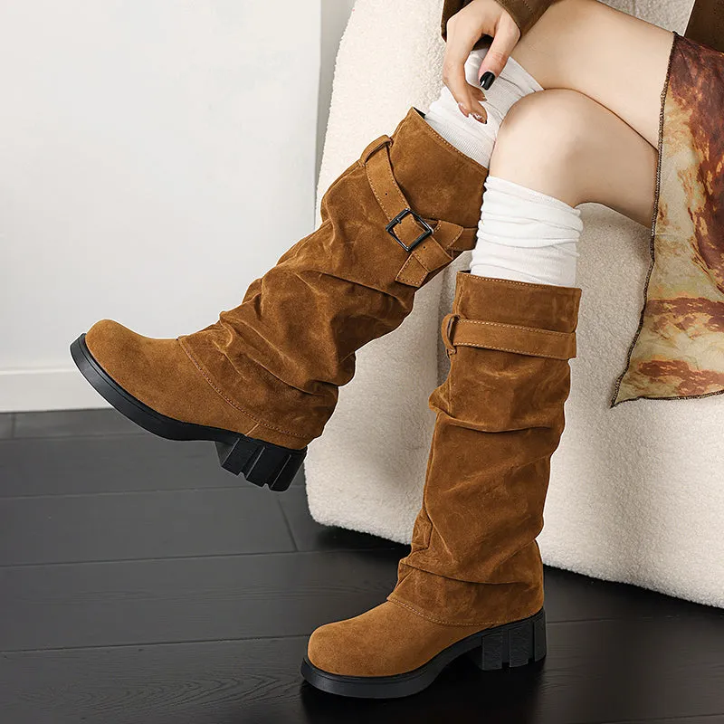 Women's Mid Calf Slouchy Boots With Suede Stacked