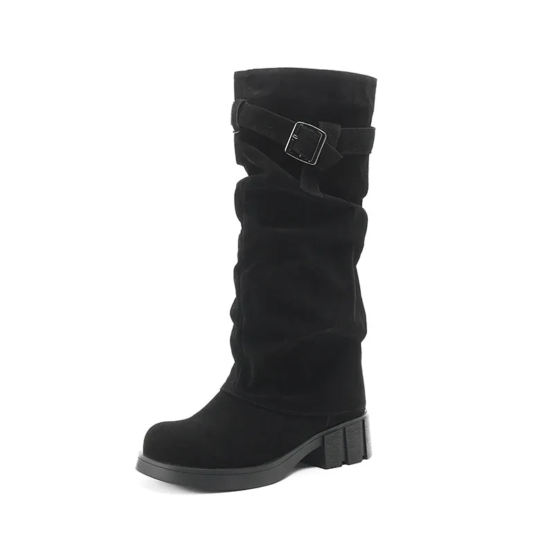 Women's Mid Calf Slouchy Boots With Suede Stacked