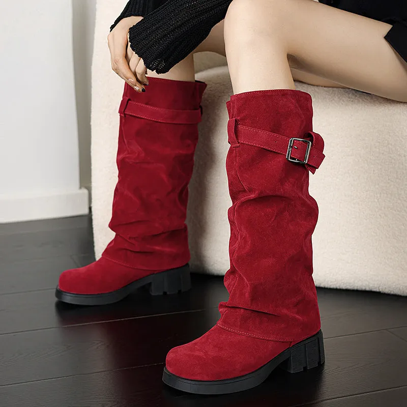 Women's Mid Calf Slouchy Boots With Suede Stacked