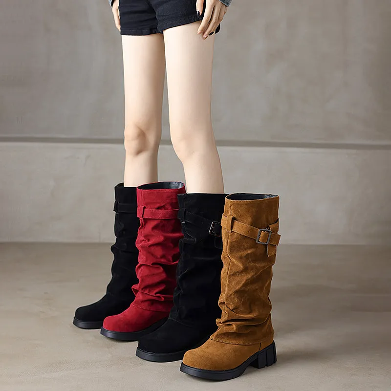 Women's Mid Calf Slouchy Boots With Suede Stacked