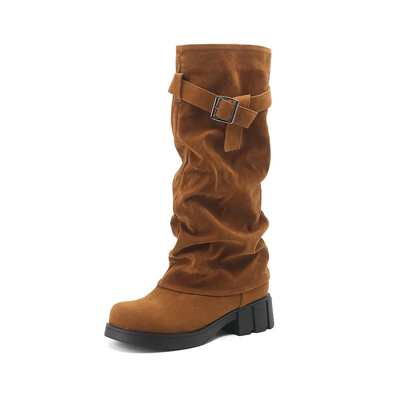 Women's Mid Calf Slouchy Boots With Suede Stacked