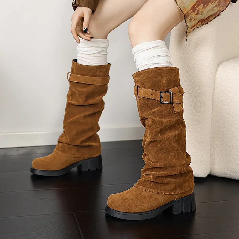 Women's Mid Calf Slouchy Boots With Suede Stacked