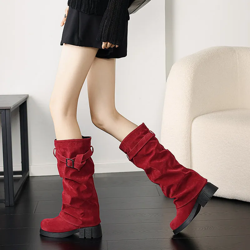 Women's Mid Calf Slouchy Boots With Suede Stacked