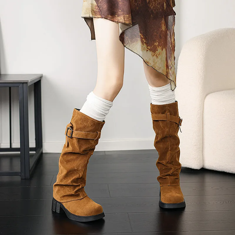 Women's Mid Calf Slouchy Boots With Suede Stacked