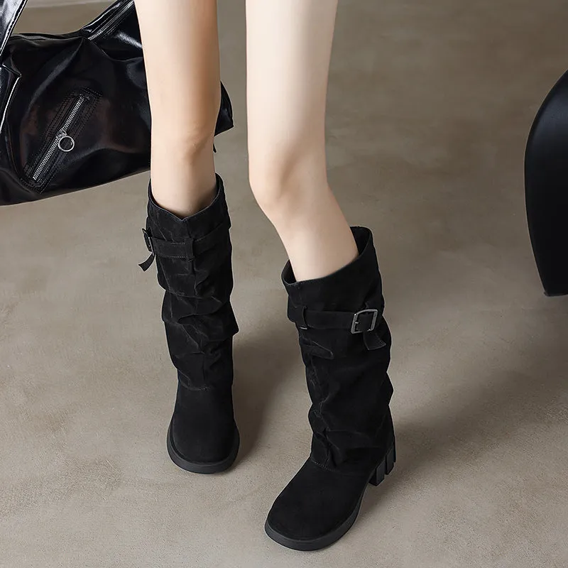 Women's Mid Calf Slouchy Boots With Suede Stacked